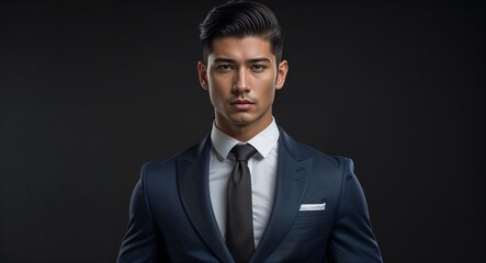 latin guy in formal concept on black plain bright background fashion outfit commercial photoshoot pose with copy space