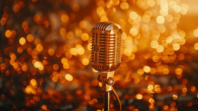 The warm glow of stage lights creates an inviting ambiance around a vintage-style gold microphone ready to amplify vocals. bokeh