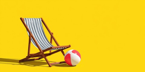 Striped Deck Chair and Beach Ball. Striped deck chair and beach ball on a yellow background.