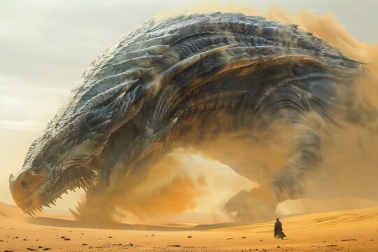 Colossal sandworm like dragon emerging from the shifting dunes of an alien desert its eyes glowing with arcane energy epic fantasy scene