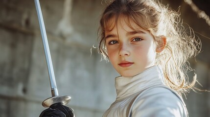 A young fencer triumphantly holding their sword high after winning a duel