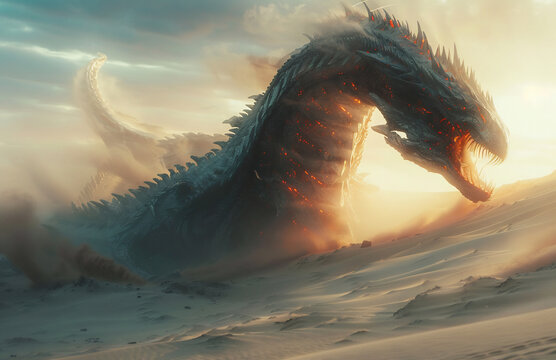 Colossal sandworm like dragon emerging from the shifting dunes of an alien desert its eyes glowing with arcane energy epic fantasy scene