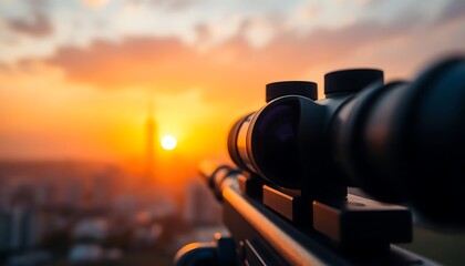 close up of a rifle with a sunset in the background