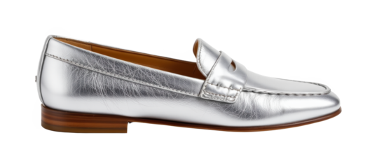 Sleek silver leather loafer with a classic penny slot and low wooden heel.