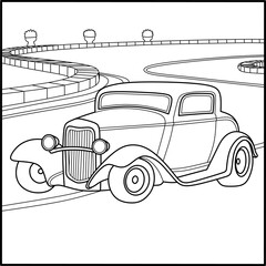 Classic hot rod car on a winding road. Vintage vehicle outline for kids' coloring pages, retro themes, and automotive activity sheets