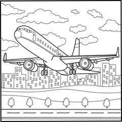 Large passenger airplane taking off from a city, perfect as a detailed coloring page for transportation themes, aviation enthusiasts, and coloring book activities