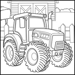 Farm tractor coloring page in front of a barn and fence, perfect for kids' printables, agriculture themes, and rural life illustrations.