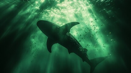 Obraz premium Colossal whale shark swimming gracefully through an emerald green ocean tiny fish trailing in its wake stunning marine life perspective
