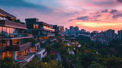 Obraz premium Modern residential buildings set against an amazing sunset landscape