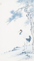 Obraz premium Elegant Crane Under a Snowy Pine Tree