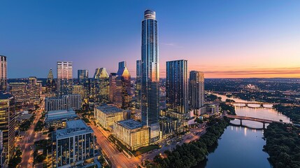 Obraz premium Panoramic view of a city skyline at twilight.