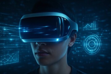 Person wearing vr headset with digital interface overlayed in blue light