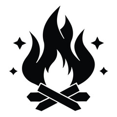 Black silhouette campfire icon with flames and glowing stars suitable for various design concepts
