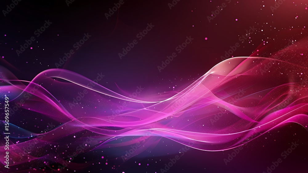 Poster abstract wavy lines with gradient color and particle effects on a dark background