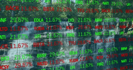 Starting overlay over waterfall updating red green tickers rising, falling settling showing trends - Powered by Adobe