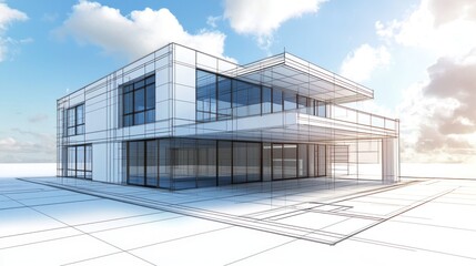 Obraz premium A modern, minimalist house with a glass facade and black windows, set against a clear blue sky with fluffy white clouds.