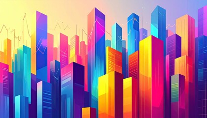 Colorful abstract cityscape representing economic growth and import tariffs impact.