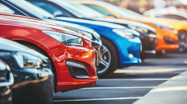 A vibrant, colorful car show with a red, blue, and orange car parked in a row on a sunny day.