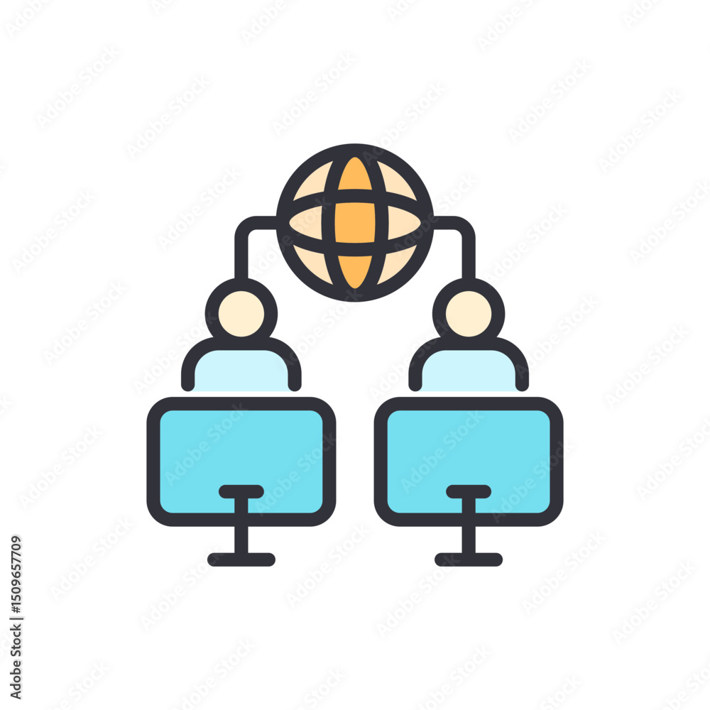 Poster global communication network with connected people via computers icon