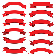 Collection of red ribbon banners isolated on white background with various shapes and designs