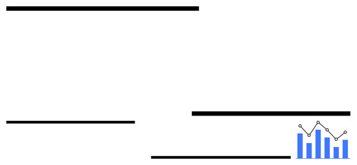 Graph with blue bars and connecting line emphasizing analytics, statistics, or performance data review. Ideal for finance, technology, marketing, research, education, business growth presentation