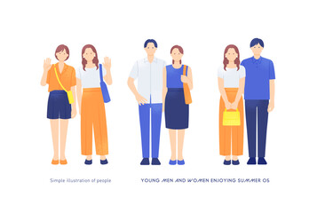 Fototapeta premium 夏のお出かけを楽しむ若者 カジュアルな装いのカップルと仲良し女子二人のベクターイラストセット
