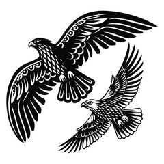 Silhouette of a powerful eagle-falcon bird in flight, wings spread wide, showcasing strength, grace, and freedom against a clear sky.
