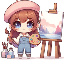 Chibi Anime Style Female Artist with Canvas and Paintbrush – Cute Kawaii Vector Character Illustration