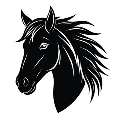 Silhouette of a horse's head, elegantly outlined with flowing mane and strong features, capturing the grace, strength, and nobility of the majestic animal in profile.
