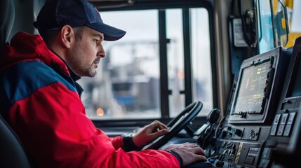 A man in a red jacket driving a truck, wearing a black hat, with a steering wheel in the foreground and a window in the background.