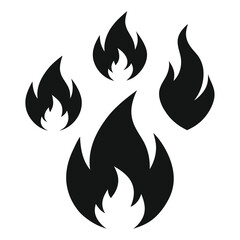 Set of black fire flames icons isolated on white background for design and decoration elements