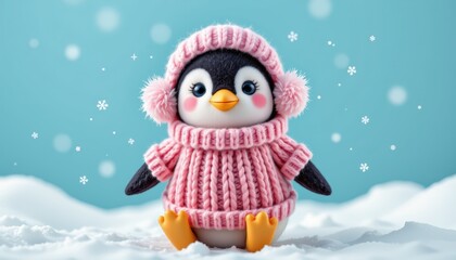 A cute penguin wearing a pink sweater and a pink hat is sitting on the snow