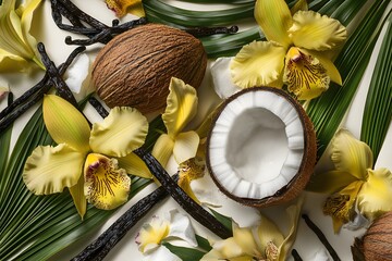 Luxurious arrangement of tropical ingredients coconut vanilla beans and yellow orchids