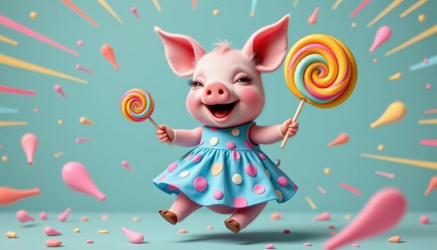 A cartoon pig is holding a lollipop and is wearing a blue dress