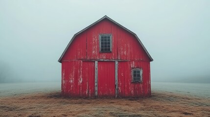 Red barn in misty field