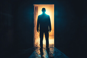 Obraz premium Man standing in a doorway with light behind him silhouette