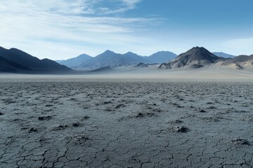 Cracked Earth Surface with Distant Mountain Range Under a Clear Sky