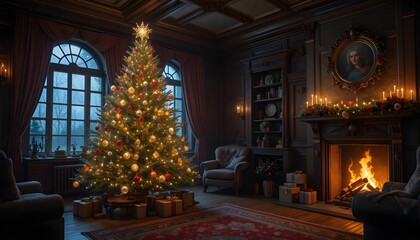 Cozy Interior Christmas Scene with Glowing Tree, Fireplace, and Gifts in a Dark Magical Setting