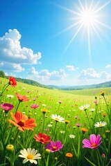Fototapeta premium Joyful sunlit meadow scene, vibrant wildflowers, clear blue sky, perfect summer day, idyllic landscape, peaceful nature, serene environment, carefree feeling , scenery, blossom
