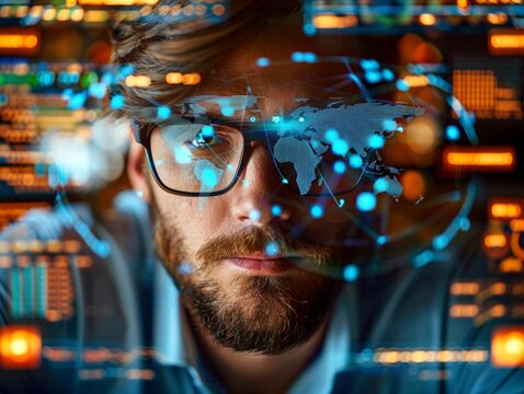 Close-up of a Bearded Man Wearing Glasses, Gazing at Data Representing a Global Network, Technology Concept