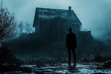 Fototapeta premium silhouette of a man in the dark old house