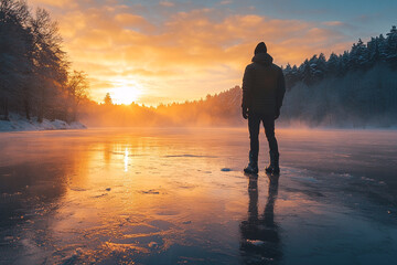 Man standing on a frozen lake silhouette