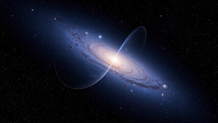 The image shows an artist's impression of a spiral galaxy with a black hole in the center