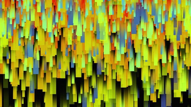 A digital rain of yellow and blue rectangles pouring down like a frozen data storm. abstract