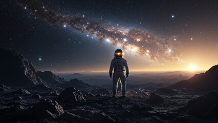 The image shows an astronaut standing on the surface of the moon