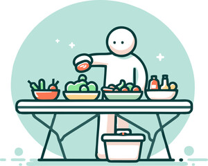 Fototapeta premium Simple Line Art Illustration of Person Preparing a Salad Bar