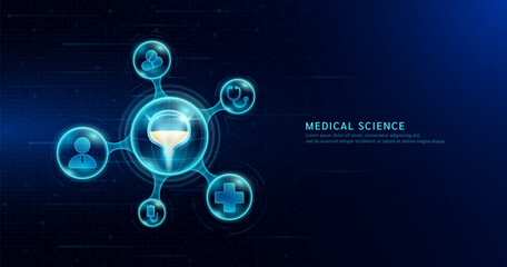 Human bladder organ inside transparent molecule with icons doctor pill stethoscope saline bag and plus sign on dark blue digital technology background. Medical science. Vector EPS10.