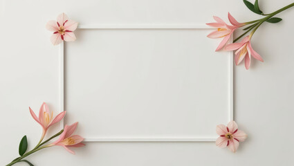 Obraz premium Minimalist Floral Frame with Copy Space: Delicate Pink Zephyranthes Flowers Framing a Clean White Rectangular Space for Text or Design