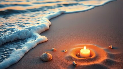 Tranquil Beach Scene with Candle and Seashells