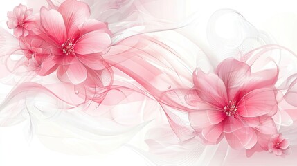 Delicate pink flowers and flowing lines on a white background.